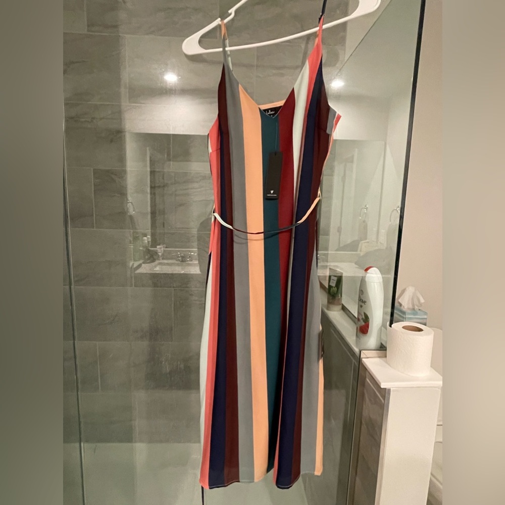 Lulu’s striped tea-length dress with tie